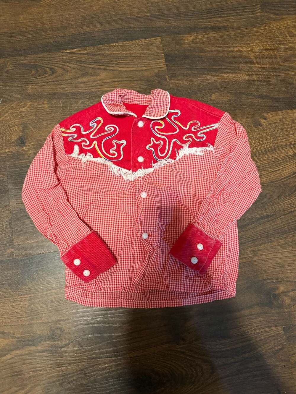 Vintage 1970s H Bar C Red Gingham Western Cowboy Shirt with Chainstitch Embroide